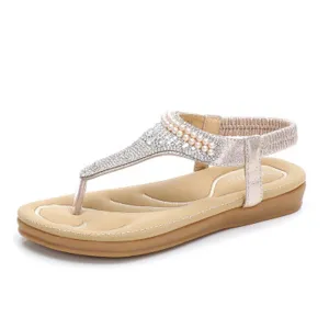 2019 Women`s Summer Bohemia Beach Rhinestone Shoes Diamond Sandals Women T-strap Thong Flip Flops Plus Size Peep Toe Shoes E774 Flip Flops Pool
