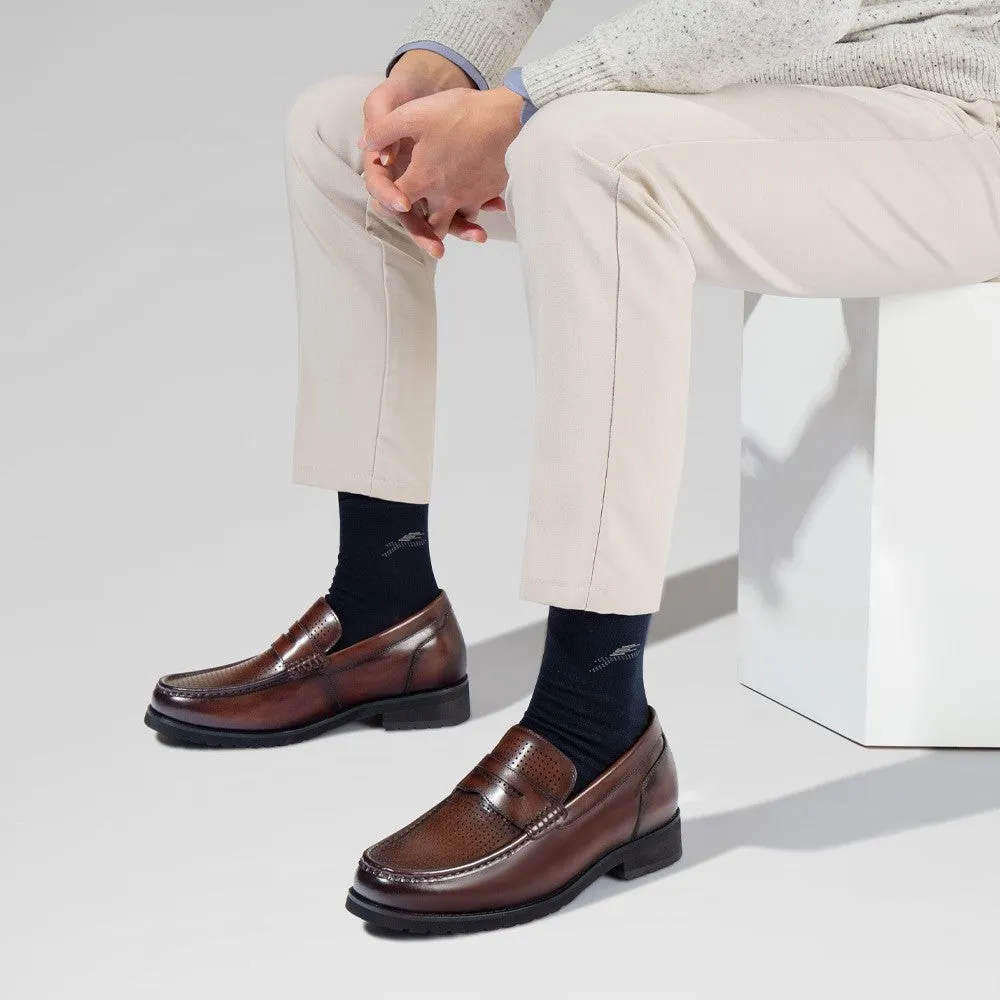 6 CM/2.36 Inches CMR CHAMARIPA Brown Cowhide Leather Slip-On Loafers for Men - Elevate Your Casual Style Plain Loafers