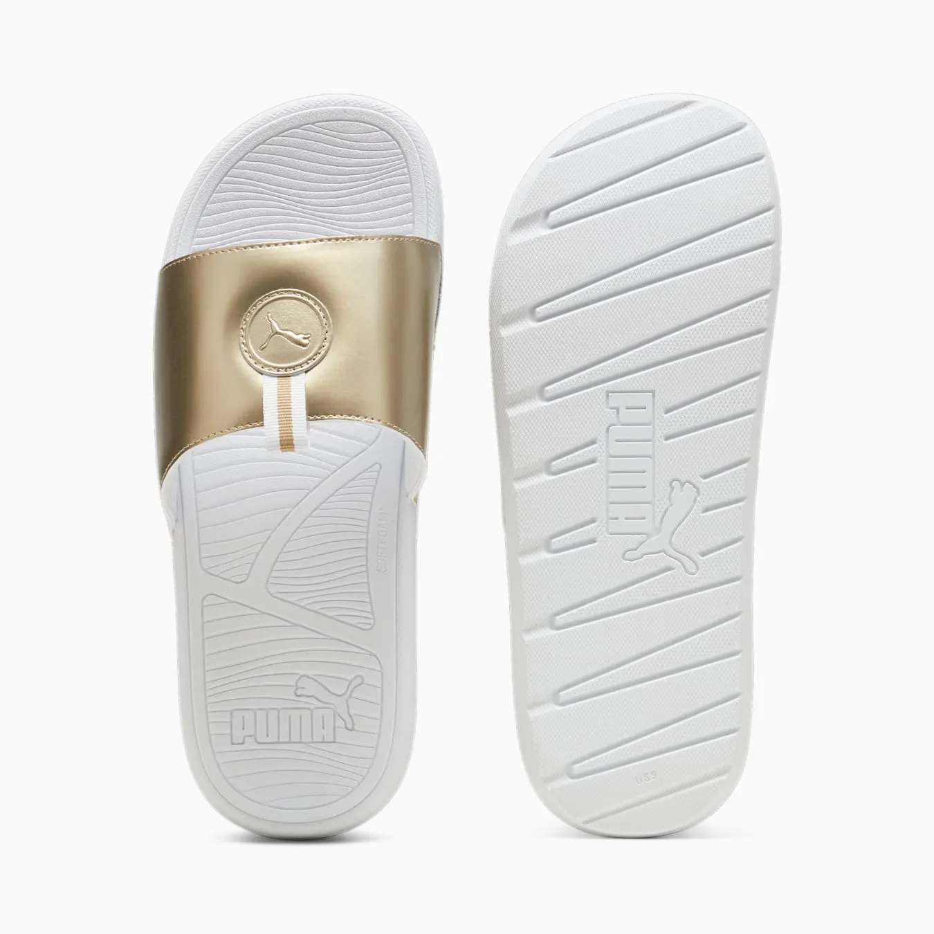 Asics Recycled Shoes PUMA WOMEN'S COOLCAT 2.0 WHITE/GOLD SLIDES