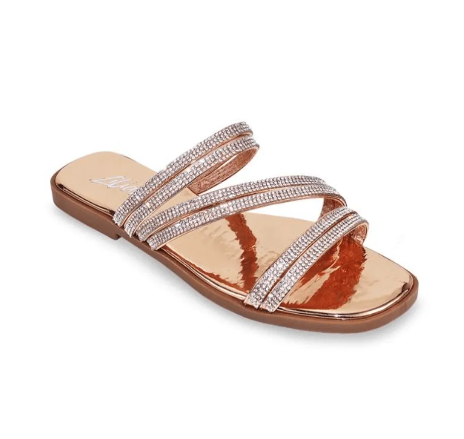 Liliana Bestia-2 Rhinestone Flat Sandals Open Toe Slippers Hammer Toe Flip Flops