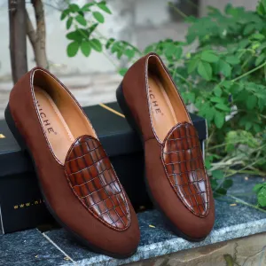 Casual Slip On Summer Shoes NICHE Zemba Brown Suede Croco Loafers