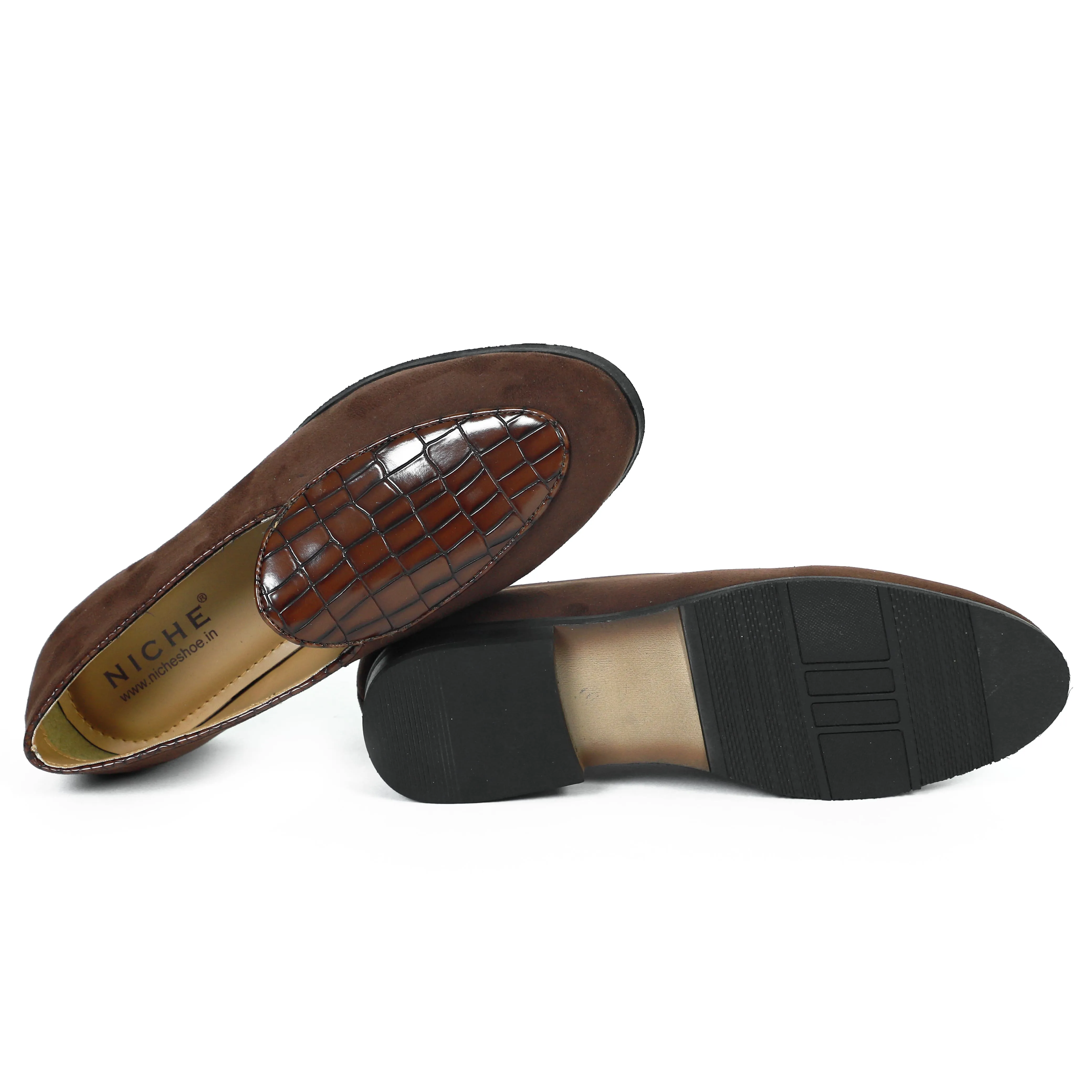 NICHE Zemba Brown Suede Croco Loafers Suede Slip On Sneakers
