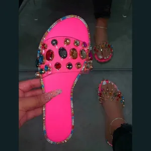 Amozae-Summer Slides Women Flip Flops Shoes Slippers Gemstone Rhinestones Slipper Ladies Slides Wild Diamond Flat Slippers Flip Flops Fat Men