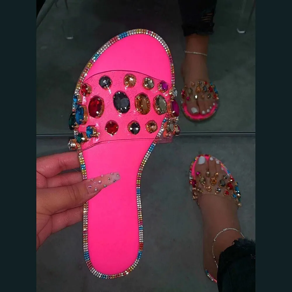 Amozae-Summer Slides Women Flip Flops Shoes Slippers Gemstone Rhinestones Slipper Ladies Slides Wild Diamond Flat Slippers Swiftwater Wave Flip Flops
