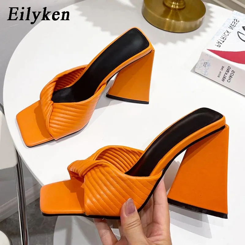 Aomzae New Fashion Strange Style High Heels Slides Slippers Women Square Toe Slip On Ladies Sandals Summer Runway Party Shoes Gingerbread Slippers