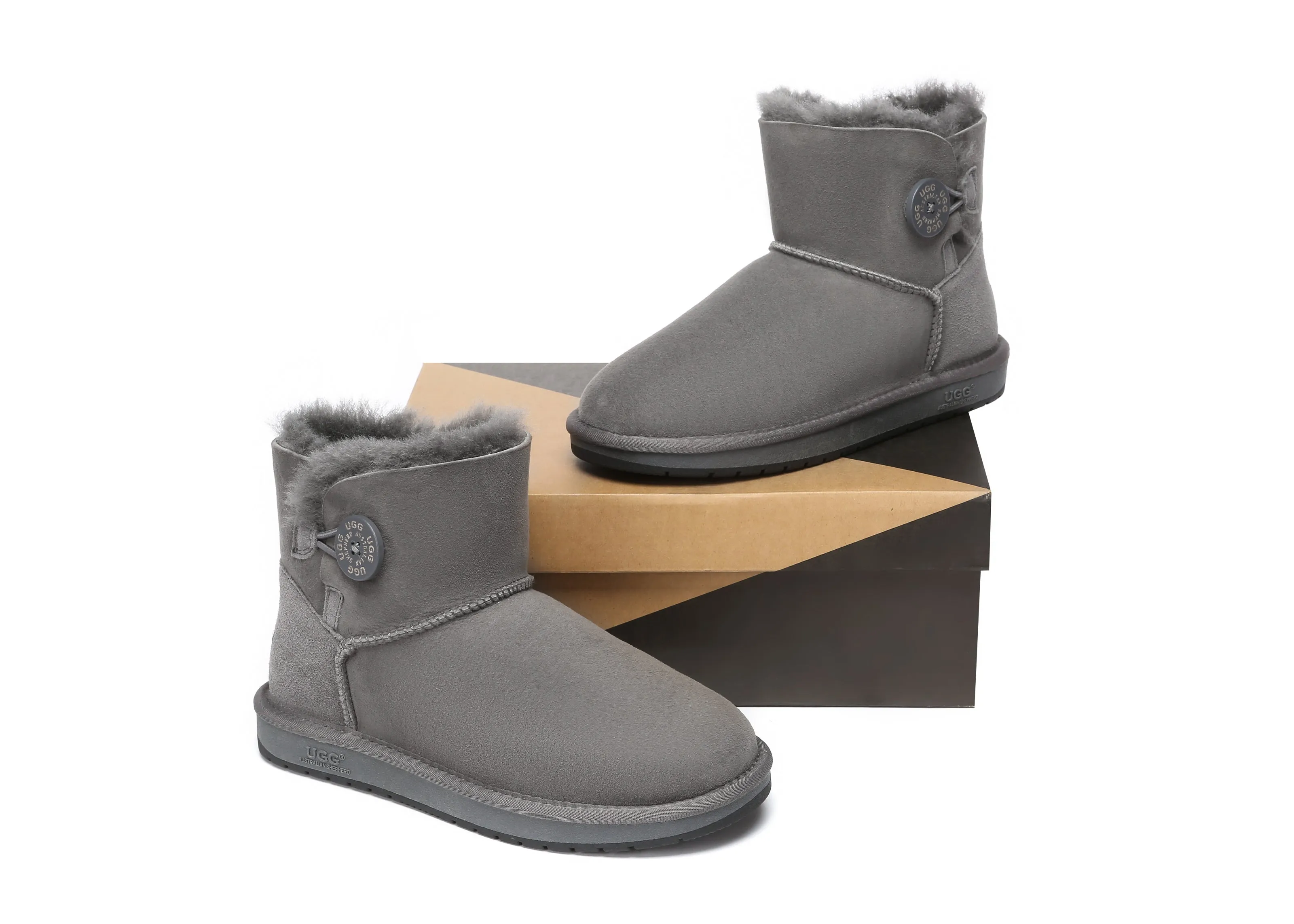 AUSTRALIAN SHEPHERD UGG Boots Double Face Sheepskin Wool Mini Button Criss Cross Slides