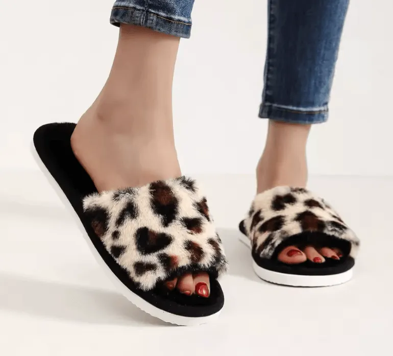 Autumn Winter Leopard Print Slippers  Womens Plush Fur Slides & Flip Flops Cali Gear Flip Flops