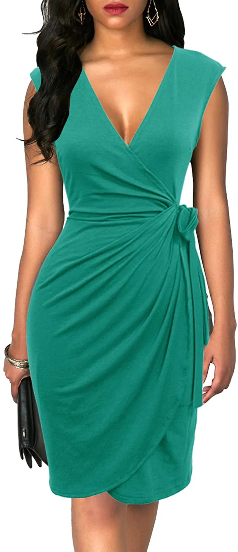 Best Work Boots For Knees Berydress Women's Vintage V-Neck Sheath Casual Party Work Faux Black Wrap Dress