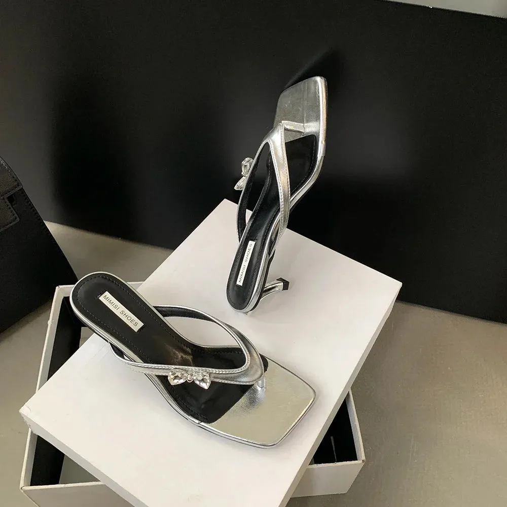 binfenxie  -  Clip Toe Women Slides Slippers Silver Black Flip Flops Thin High Heels Bow Design Summer Dress Shoes Casual Party Pumps Size 39 Flip Flops Bulk Order