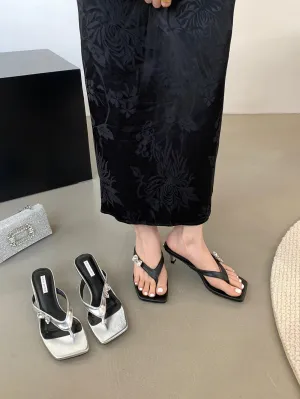 binfenxie  -  Clip Toe Women Slides Slippers Silver Black Flip Flops Thin High Heels Bow Design Summer Dress Shoes Casual Party Pumps Size 39 Inc Flip Flops