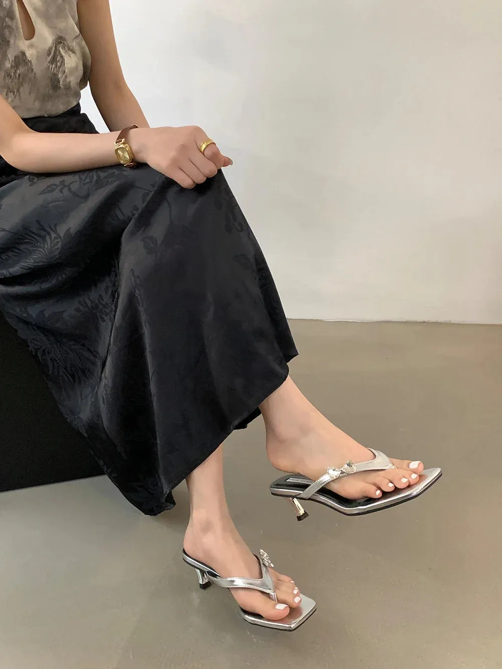 Hibiscus Flip Flops binfenxie  -  Clip Toe Women Slides Slippers Silver Black Flip Flops Thin High Heels Bow Design Summer Dress Shoes Casual Party Pumps Size 39