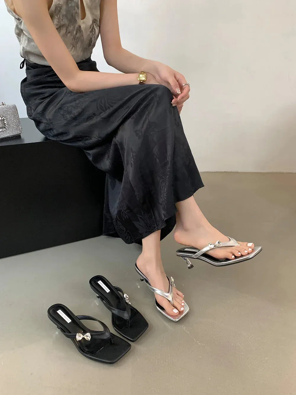 Best Waterproof Flip Flops binfenxie  -  Clip Toe Women Slides Slippers Silver Black Flip Flops Thin High Heels Bow Design Summer Dress Shoes Casual Party Pumps Size 39