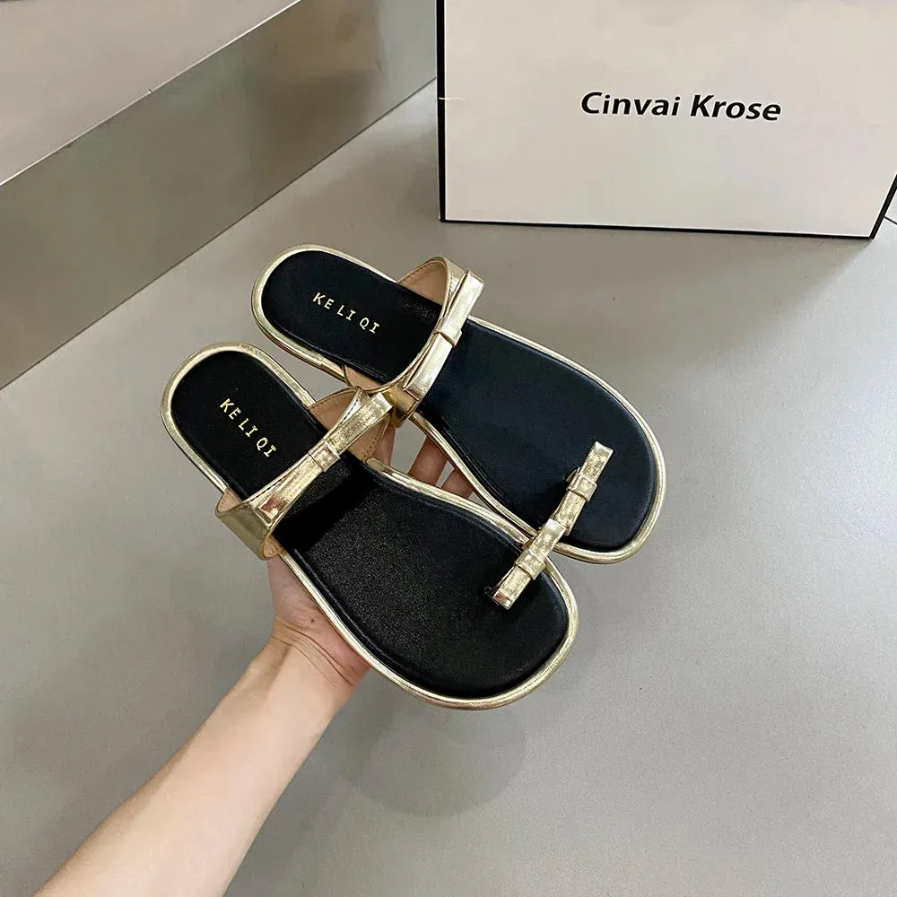 binfenxie  -  Fashion Women Sandals SLippers Bow Design Summer Flip Flops Brown Gold Black Casual Party Pumps Flat Heels Beach Shoes Woman Krystal Star Wedge Flip Flops