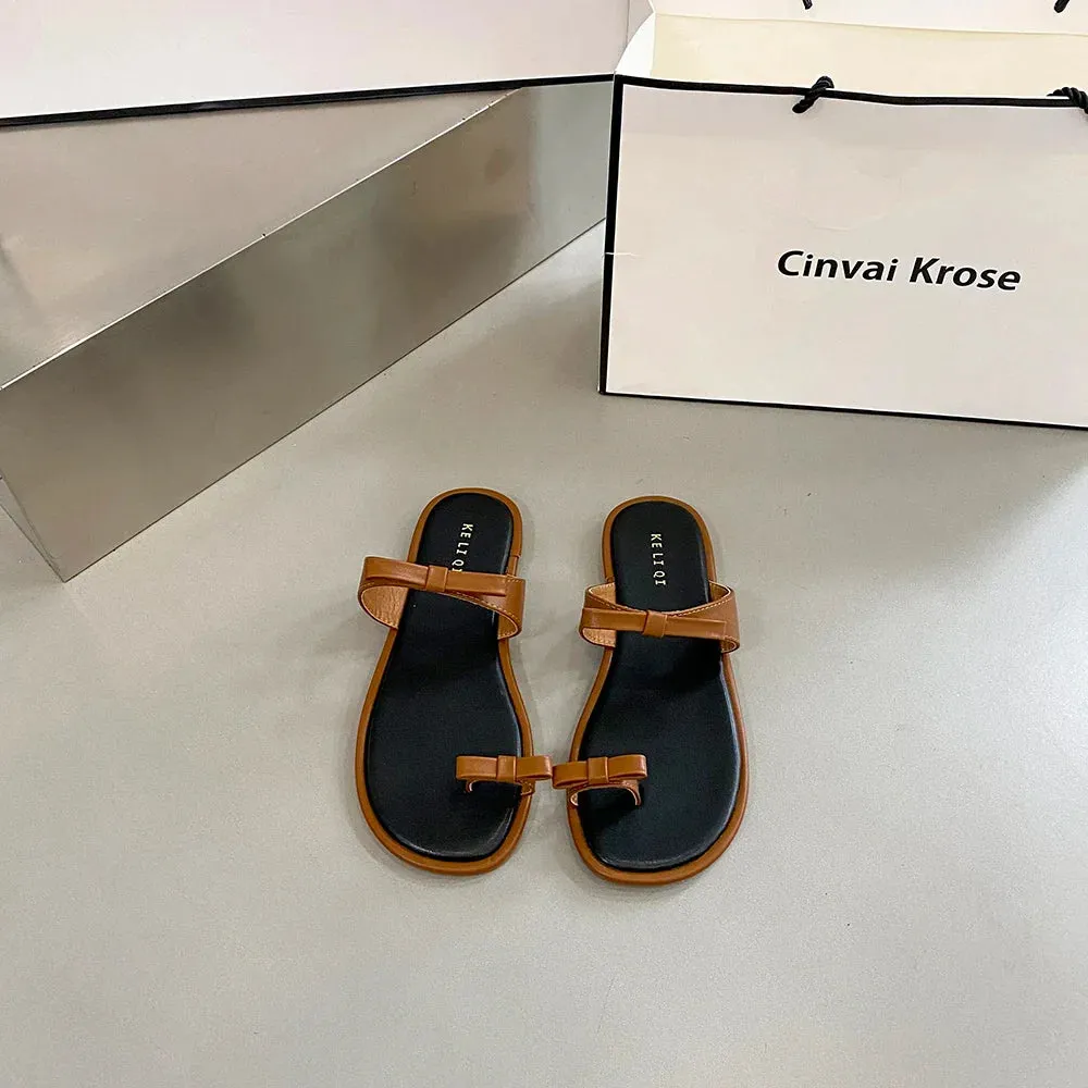 binfenxie  -  Fashion Women Sandals SLippers Bow Design Summer Flip Flops Brown Gold Black Casual Party Pumps Flat Heels Beach Shoes Woman Cheap Dressy Flip Flops