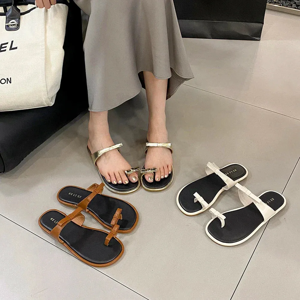 binfenxie  -  Fashion Women Sandals SLippers Bow Design Summer Flip Flops Brown Gold Black Casual Party Pumps Flat Heels Beach Shoes Woman Flip Flops Comfortable