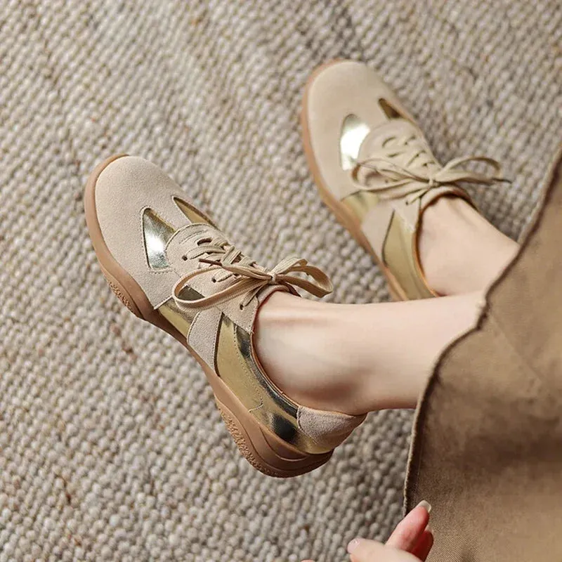 binfenxie NEW Autumn Women Shoes Split Leather Shoes for Women Round Toe Thick Heel Shoes Mixed Colors Lace-up Sneakers German Trainer Silver Sneakers Near Me With Pool