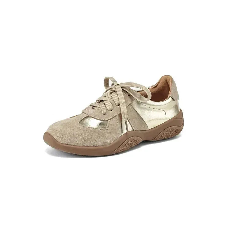 binfenxie NEW Autumn Women Shoes Split Leather Shoes for Women Round Toe Thick Heel Shoes Mixed Colors Lace-up Sneakers German Trainer Veja Recife Sneakers