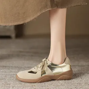 Celebrities Wearing Veja Sneakers binfenxie NEW Autumn Women Shoes Split Leather Shoes for Women Round Toe Thick Heel Shoes Mixed Colors Lace-up Sneakers German Trainer