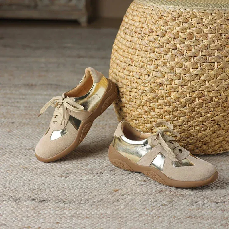 Stinky Sneakers Baking Soda binfenxie NEW Autumn Women Shoes Split Leather Shoes for Women Round Toe Thick Heel Shoes Mixed Colors Lace-up Sneakers German Trainer