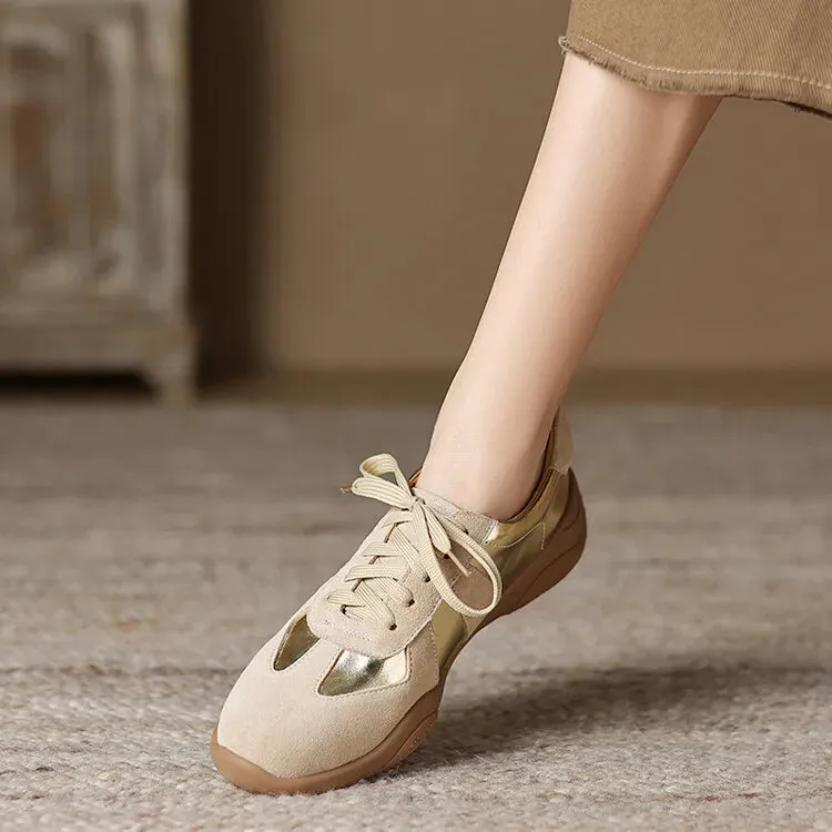 binfenxie NEW Autumn Women Shoes Split Leather Shoes for Women Round Toe Thick Heel Shoes Mixed Colors Lace-up Sneakers German Trainer Killwinner Sneakers