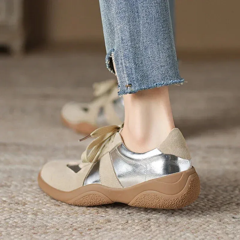 binfenxie NEW Autumn Women Shoes Split Leather Shoes for Women Round Toe Thick Heel Shoes Mixed Colors Lace-up Sneakers German Trainer Dresses And Sneakers