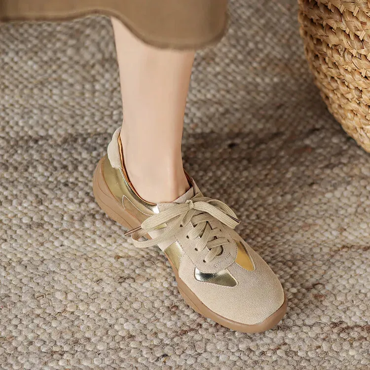 binfenxie NEW Autumn Women Shoes Split Leather Shoes for Women Round Toe Thick Heel Shoes Mixed Colors Lace-up Sneakers German Trainer Skechers Walking Sneakers