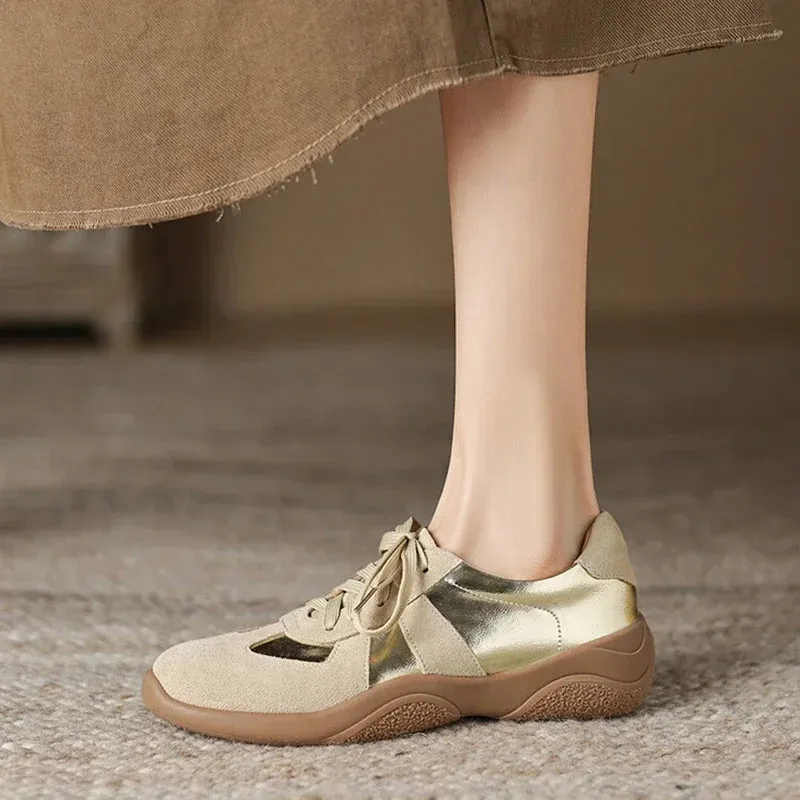 binfenxie NEW Autumn Women Shoes Split Leather Shoes for Women Round Toe Thick Heel Shoes Mixed Colors Lace-up Sneakers German Trainer Customizable Sneakers