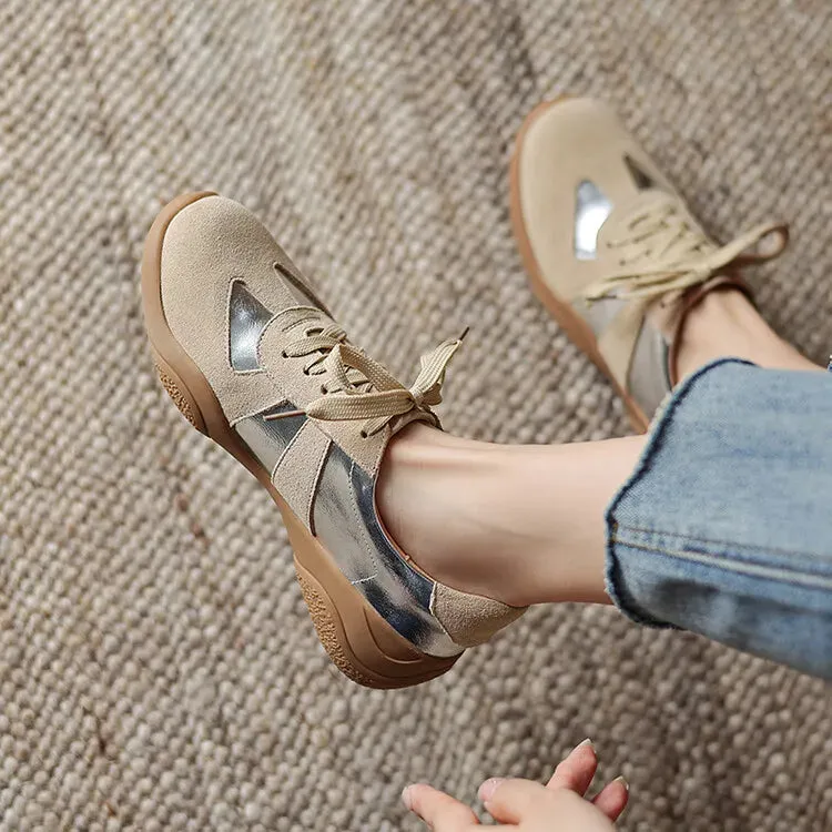 Madewell Sneakers binfenxie NEW Autumn Women Shoes Split Leather Shoes for Women Round Toe Thick Heel Shoes Mixed Colors Lace-up Sneakers German Trainer