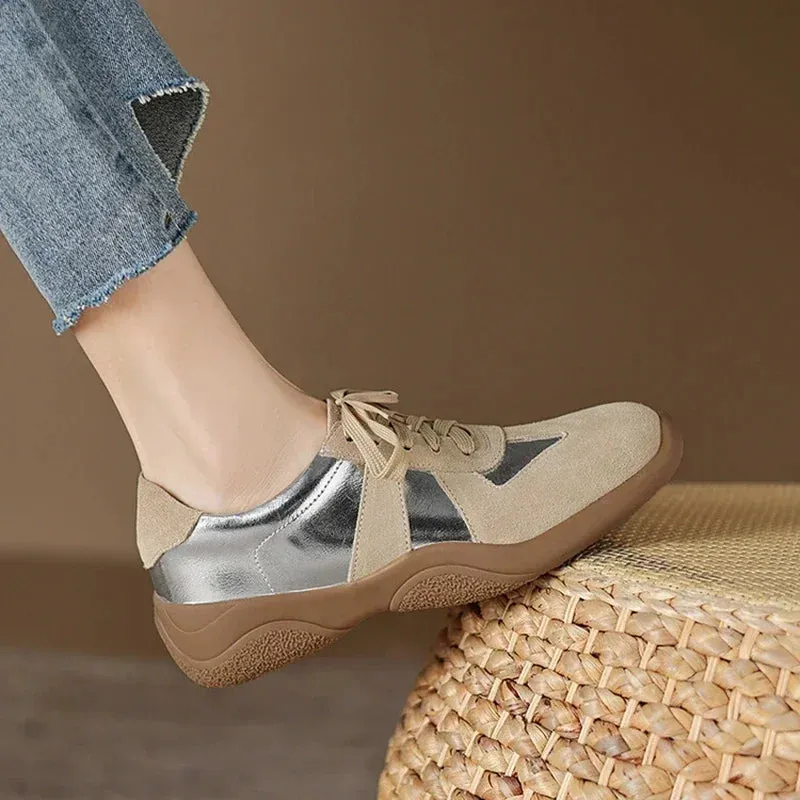 Target Sneakers binfenxie NEW Autumn Women Shoes Split Leather Shoes for Women Round Toe Thick Heel Shoes Mixed Colors Lace-up Sneakers German Trainer