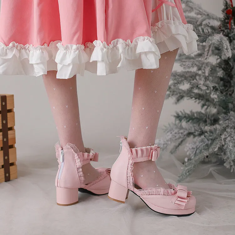 Sandals Dominican Women's Lace Bow Tie Ankle Strap Block Heel Sandals