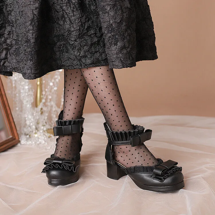 Small Wedge Sandals Women's Lace Bow Tie Ankle Strap Block Heel Sandals