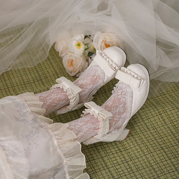 Little Wedge Sandals Women's Lace Bow Tie Ankle Strap Block Heel Sandals