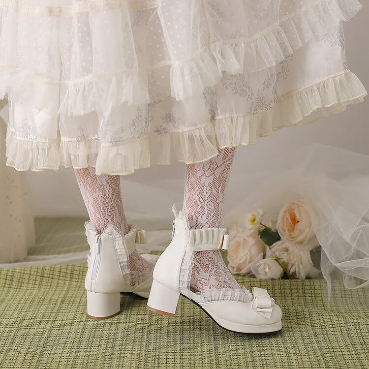 Women's Lace Bow Tie Ankle Strap Block Heel Sandals Japanese Sandals