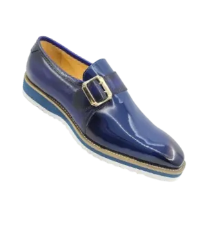 Carrucci Blue Patent Leather Luxury Loafer monkstrap Goldtone Buckle Fleece Lined Loafers