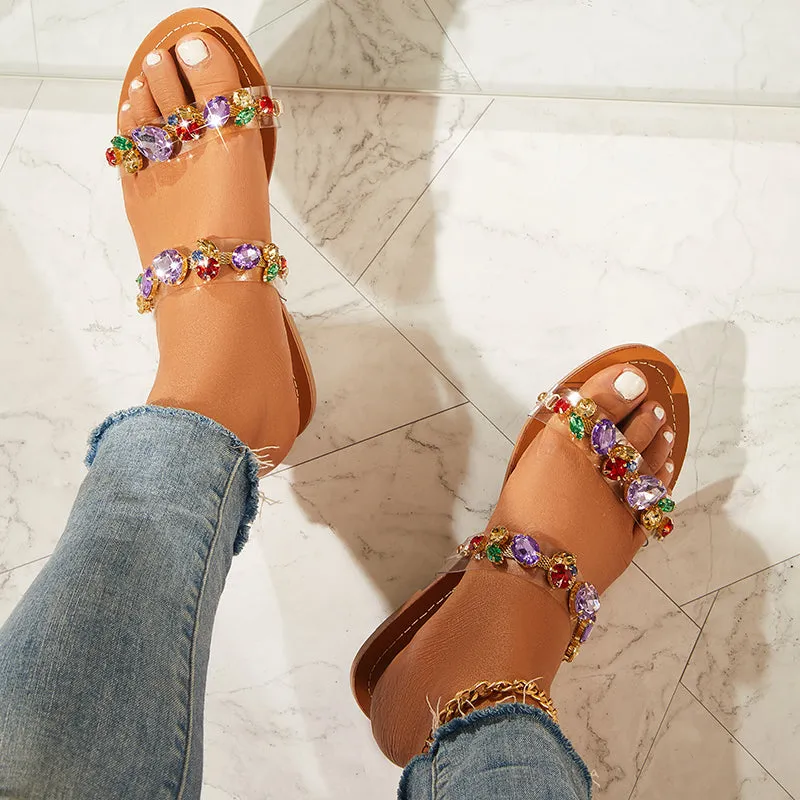 Spike Slippers Clear Rhinestone Slides Flat Sandals Open Toe Slippers