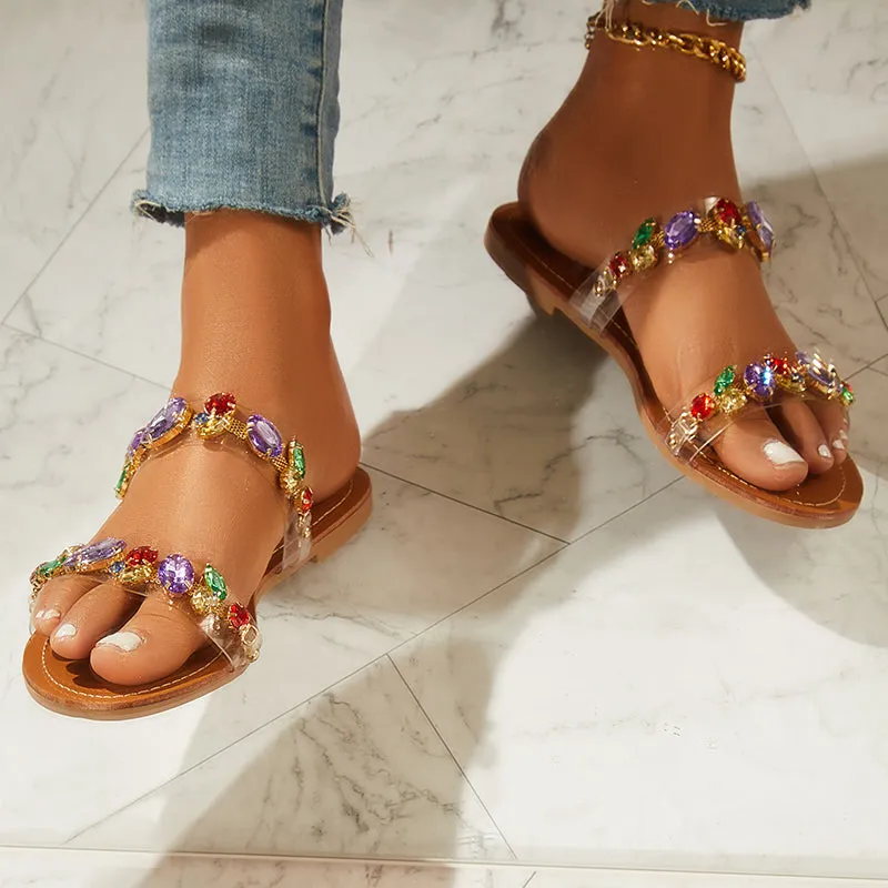 Clear Rhinestone Slides Flat Sandals Open Toe Slippers Preppy Slides