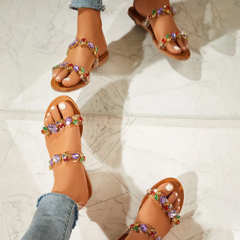 Non Skid Slippers For Elderly Clear Rhinestone Slides Flat Sandals Open Toe Slippers