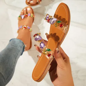 Tongue Kiss Slippers Clear Rhinestone Slides Flat Sandals Open Toe Slippers