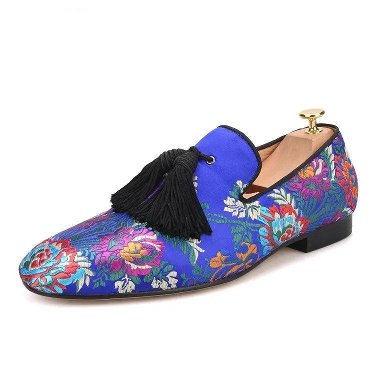 OneDrop Handmade Men Floral Wedding Party Prom Loafers Silk Dress Shoes Slippers Pug In Slippers