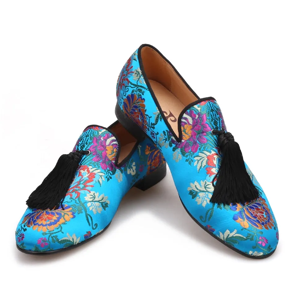 OneDrop Handmade Men Floral Wedding Party Prom Loafers Silk Dress Shoes Slippers Slippers With Back