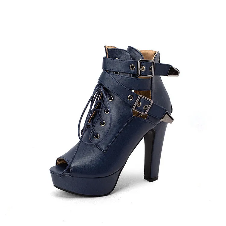Sandals That Are Popular Women's Peep Toe Lace-Up Buckle Straps Chunky Heel Platform Sandals