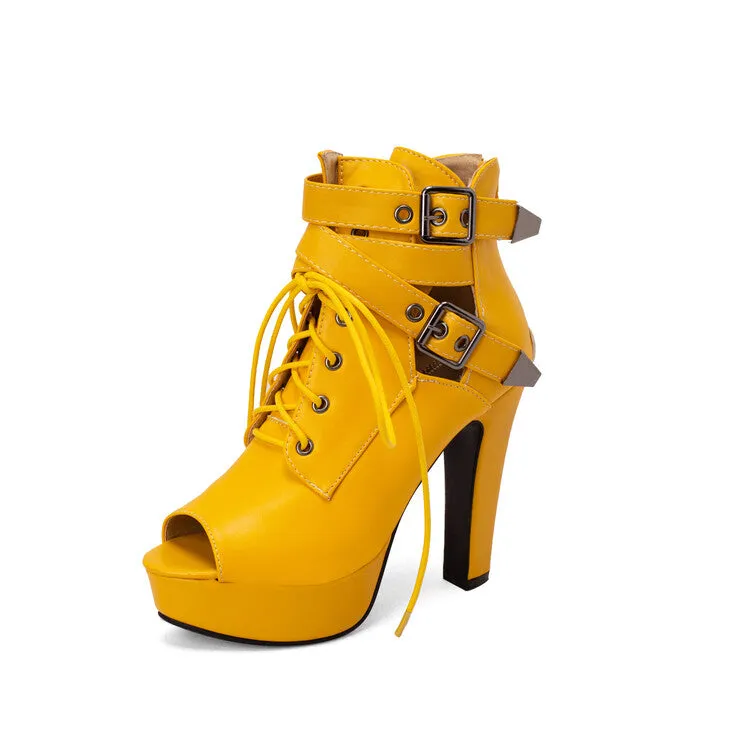 Sandals For People With Plantar Fasciitis Women's Peep Toe Lace-Up Buckle Straps Chunky Heel Platform Sandals