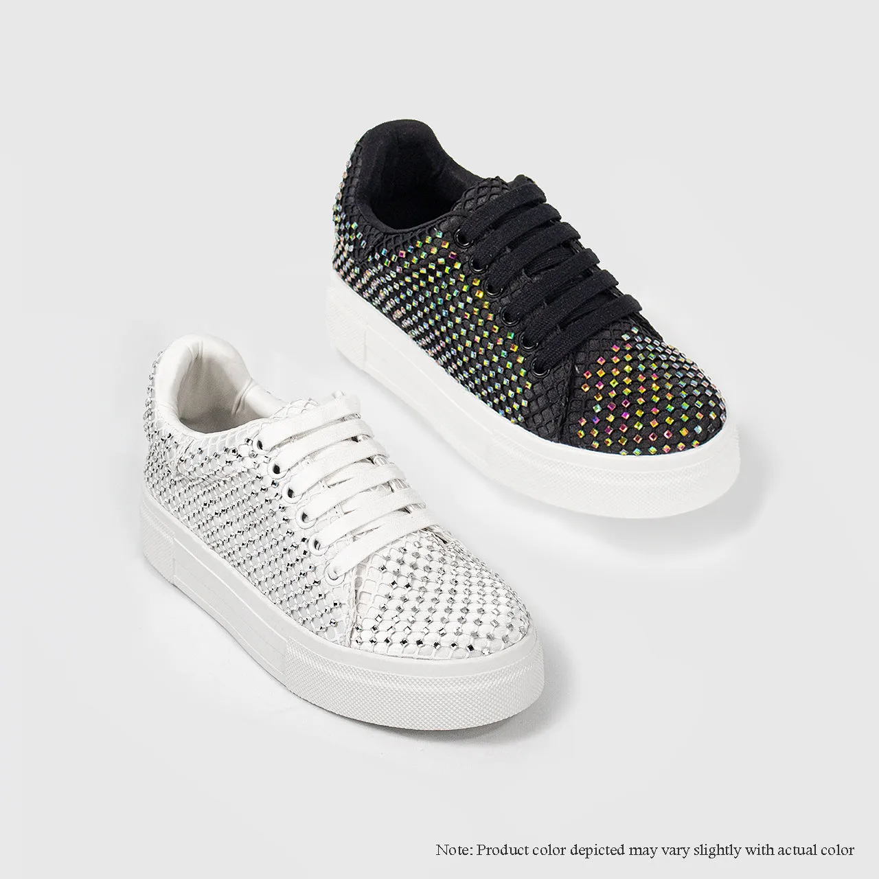 COPE-12 ALL RHINESTONE LYCAR LACE UP SNEAKERS - WHITE Sneakers For Walking All Day