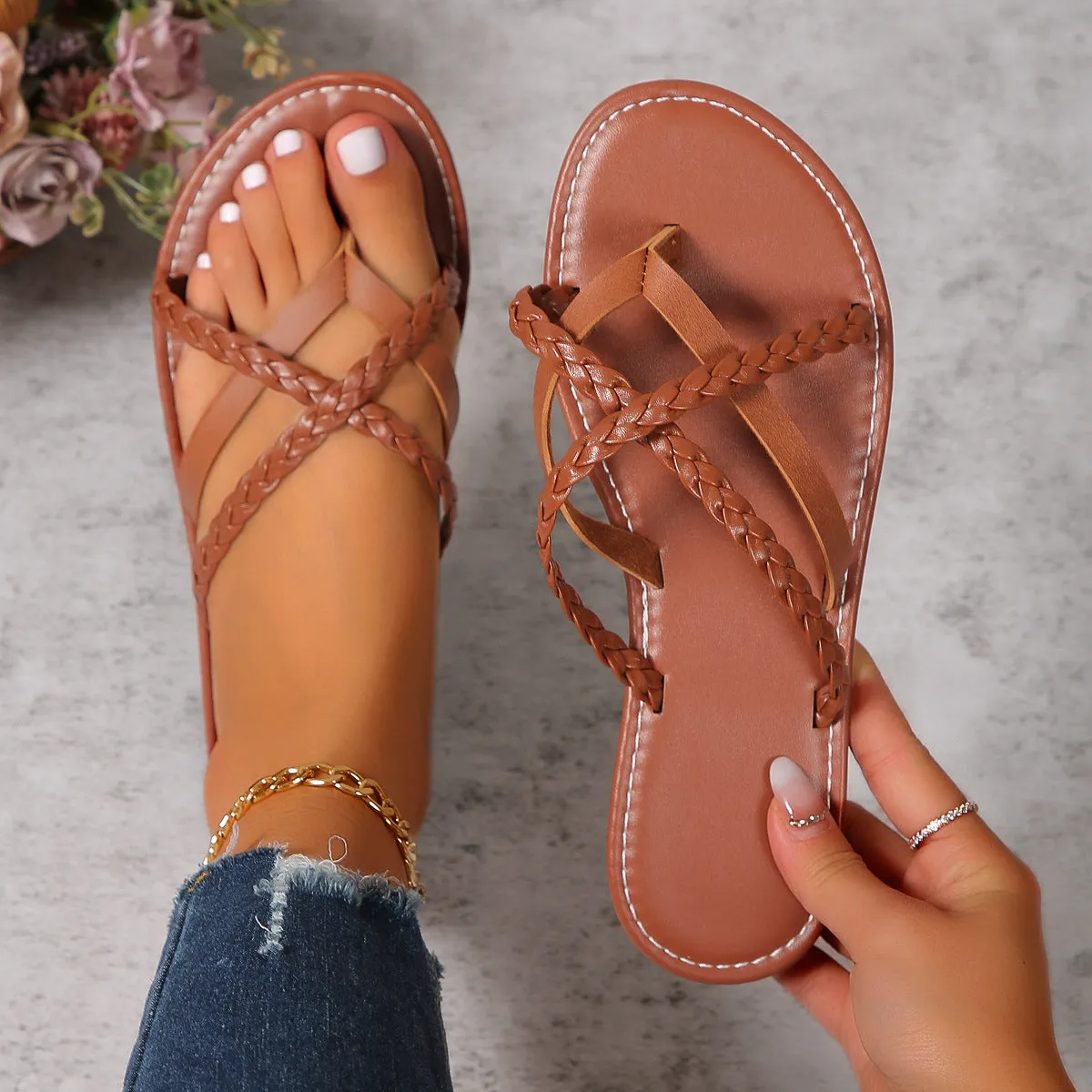 Cross-woven Design Thong Sandals Summer Flat Shoes Women Flip Flops Slides Casual Vacation Beach Slippers Driving In Flip Flops Illegal