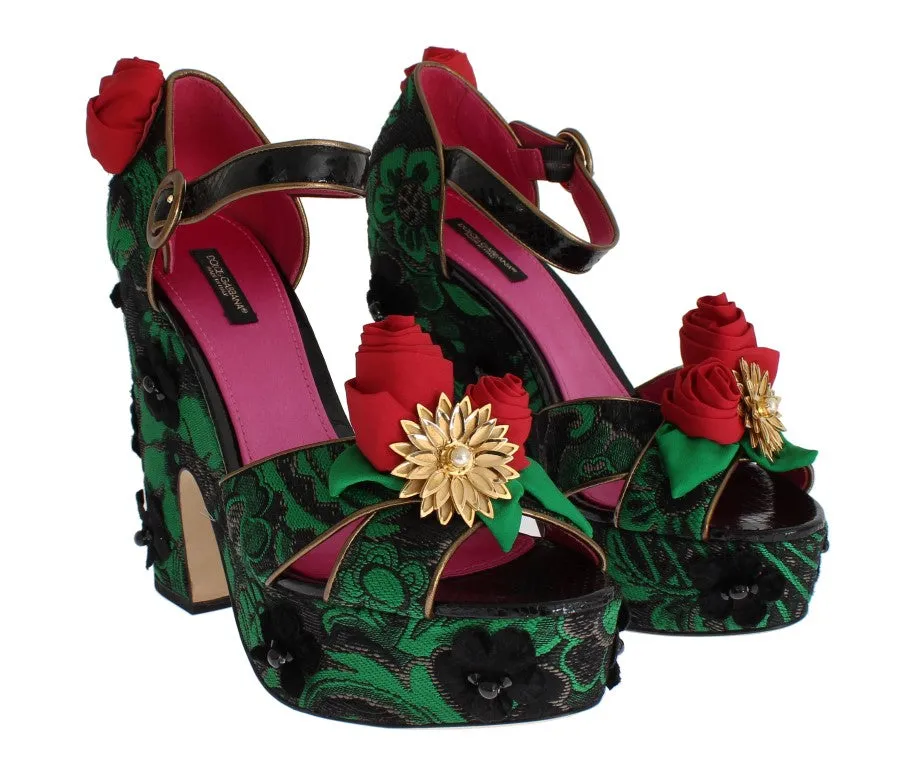Dolce & Gabbana Green Brocade Snakeskin Roses Crystal Shoes Casual Comfort Sandals
