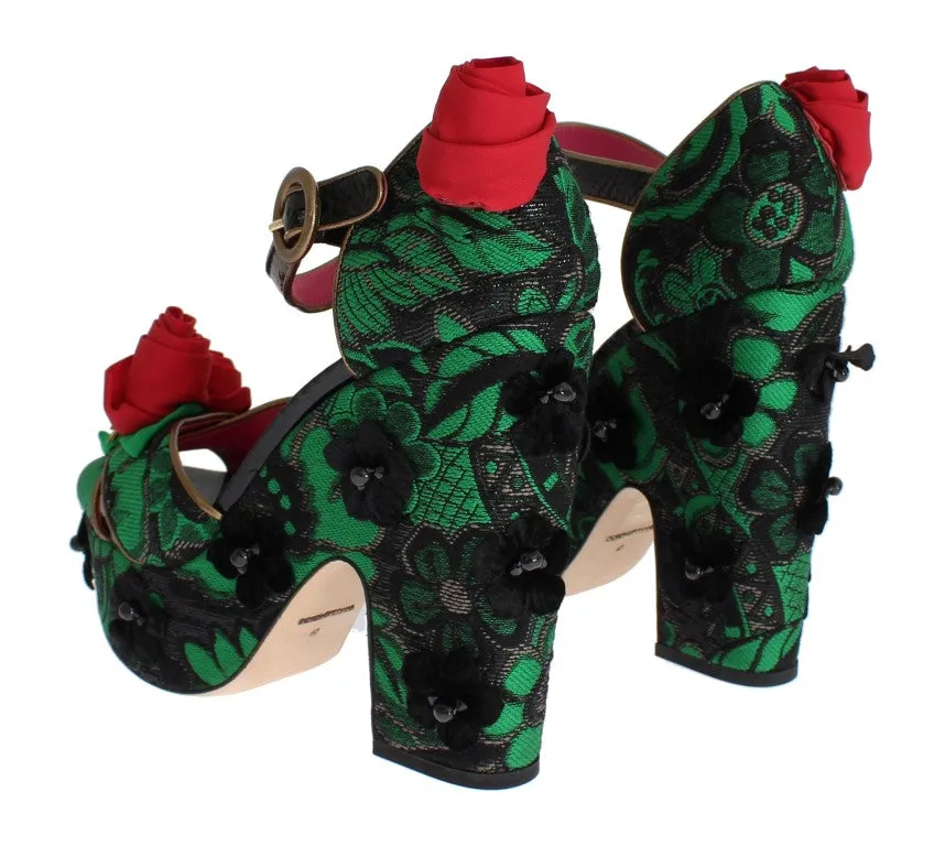 Paws Sandals Dolce & Gabbana Green Brocade Snakeskin Roses Crystal Shoes