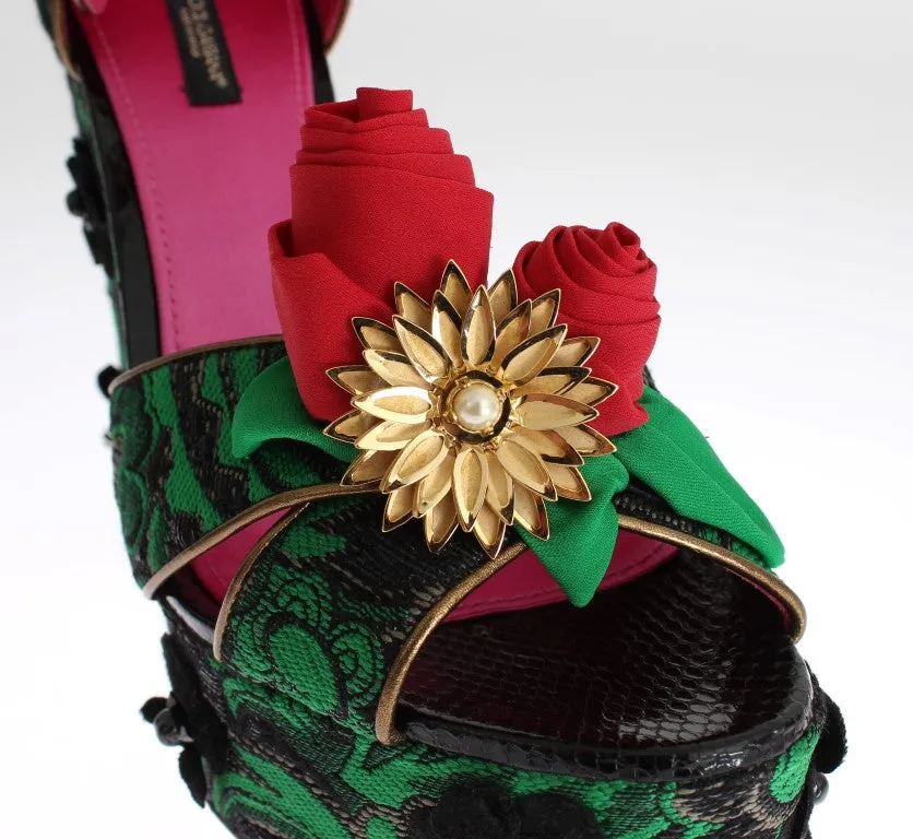 Sandals Newest Resort Dolce & Gabbana Green Brocade Snakeskin Roses Crystal Shoes
