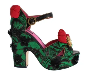 Dolce & Gabbana Green Brocade Snakeskin Roses Crystal Shoes Ladies Sandals