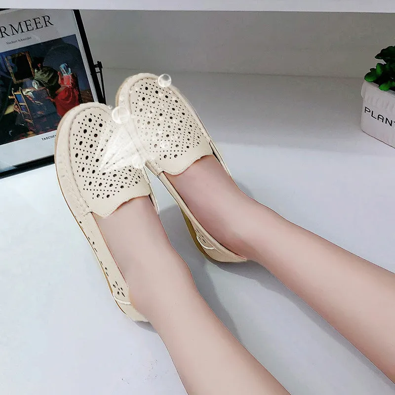 Women Loafers Hollow Out Breathable Anti Slip Flats Shoes Do Leather Loafers Stretch