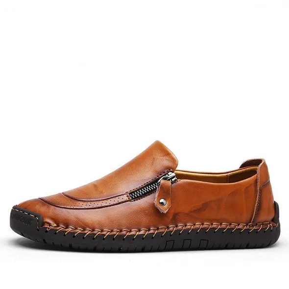 Men Hand Stitching Zipper Slip-ons Leather Shoes Stacked Slip Ons